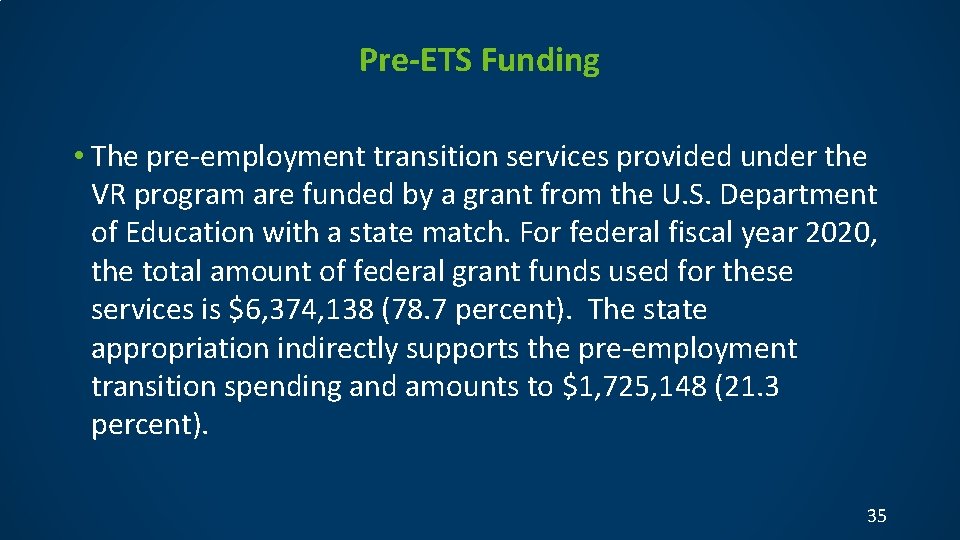 Pre-ETS Funding • The pre-employment transition services provided under the VR program are funded