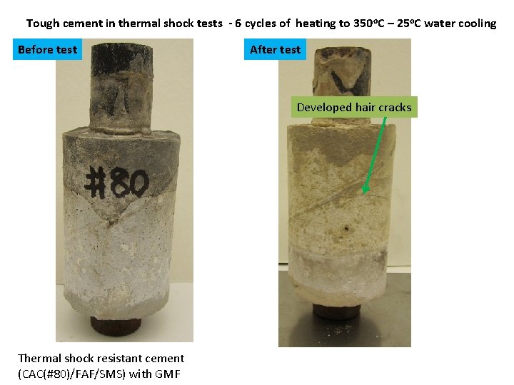 Tough cement in thermal shock tests - 6 cycles of heating to 350 o.