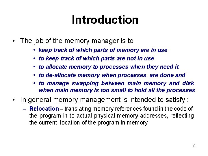 Introduction • The job of the memory manager is to • • • keep Introduction • The job of the memory manager is to • • • keep