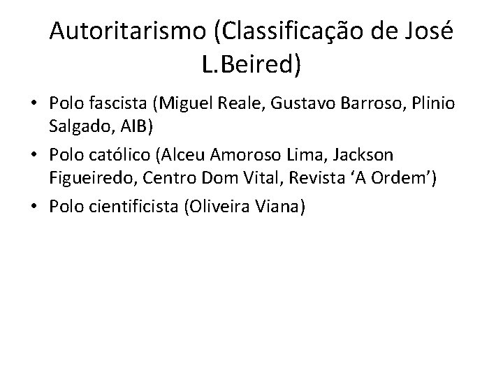 Autoritarismo (Classificação de José L. Beired) • Polo fascista (Miguel Reale, Gustavo Barroso, Plinio