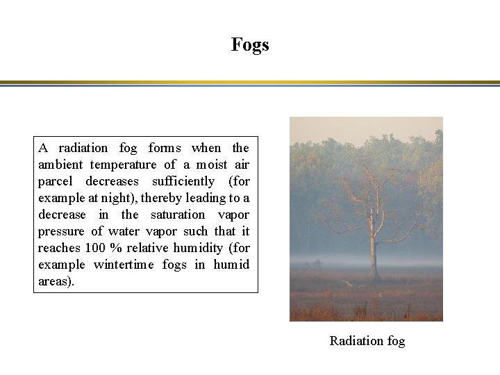 Fogs A radiation fog forms when the ambient temperature of a moist air parcel