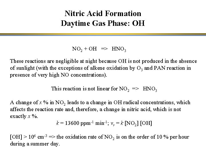 Nitric Acid Formation Daytime Gas Phase: OH NO 2 + OH => HNO 3