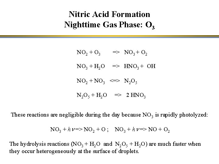 Nitric Acid Formation Nighttime Gas Phase: O 3 NO 2 + O 3 =>