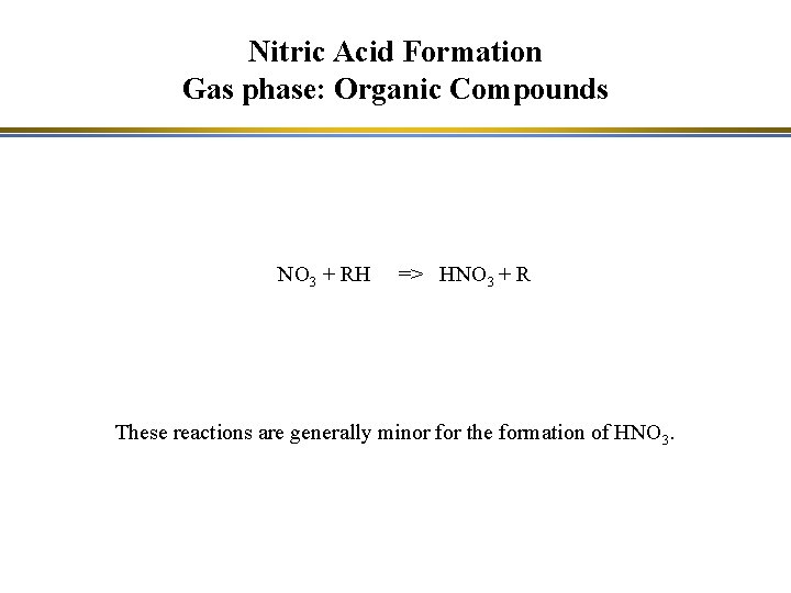 Nitric Acid Formation Gas phase: Organic Compounds NO 3 + RH => HNO 3