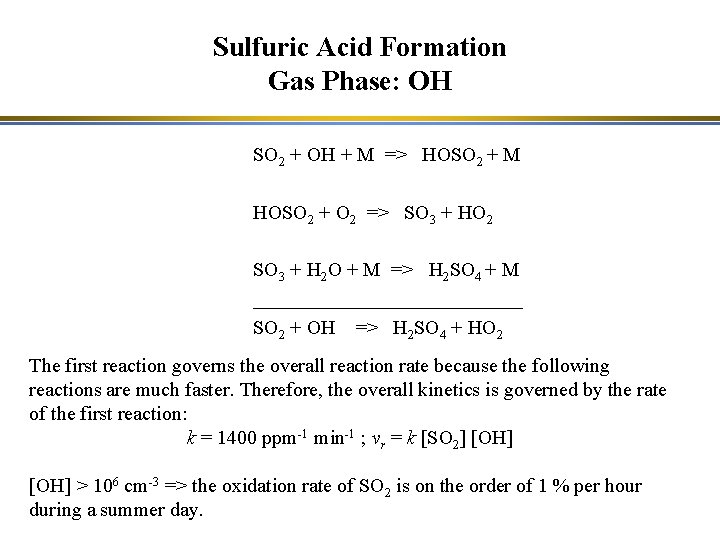 Sulfuric Acid Formation Gas Phase: OH SO 2 + OH + M => HOSO
