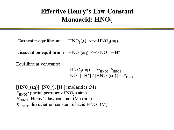 Effective Henry’s Law Constant Monoacid: HNO 3 Gas/water equilibrium HNO 3(g) <=> HNO 3(aq)