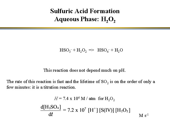 Sulfuric Acid Formation Aqueous Phase: H 2 O 2 HSO 3 - + H