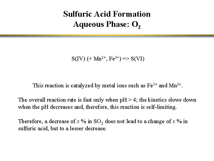 Sulfuric Acid Formation Aqueous Phase: O 2 S(IV) (+ Mn 2+, Fe 3+) =>