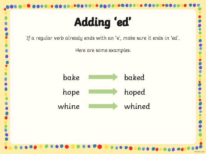 Adding ‘ed’ If a regular verb already ends with an ‘e’, make sure it