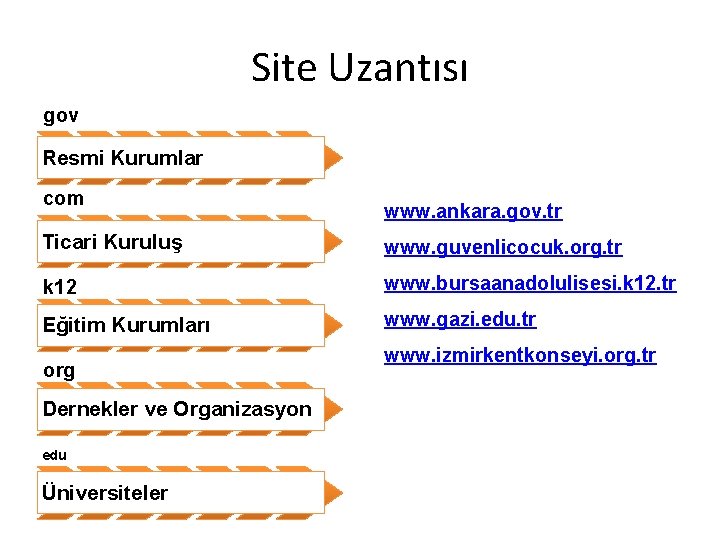 Site Uzantısı gov Resmi Kurumlar com www. ankara. gov. tr Ticari Kuruluş www. guvenlicocuk.