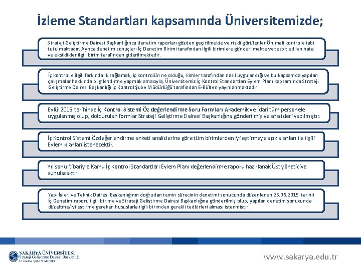 İzleme Standartları kapsamında Üniversitemizde; Strateji Geliştirme Dairesi Başkanlığınca denetim raporları gözden geçirilmekte ve riskli