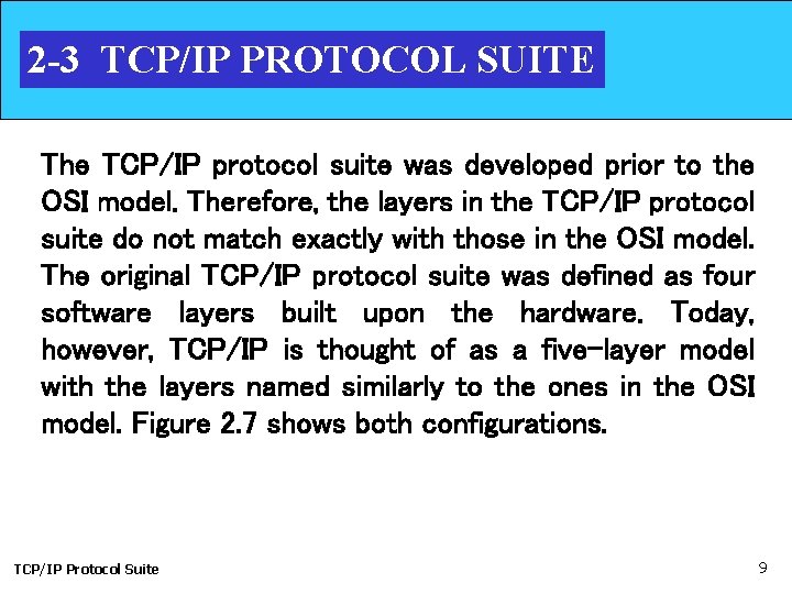 2 -3 TCP/IP PROTOCOL SUITE The TCP/IP protocol suite was developed prior to the