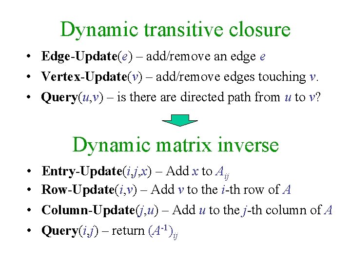 Dynamic transitive closure • Edge-Update(e) – add/remove an edge e • Vertex-Update(v) – add/remove