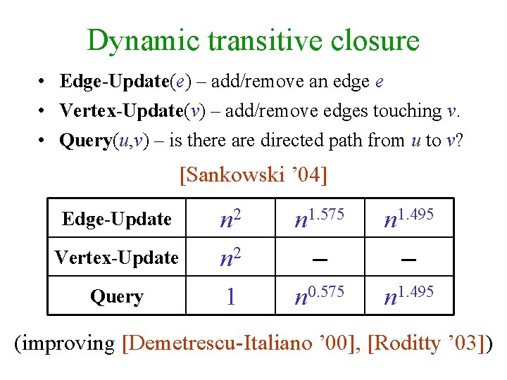 Dynamic transitive closure • Edge-Update(e) – add/remove an edge e • Vertex-Update(v) – add/remove