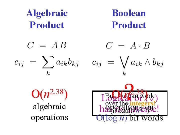 Algebraic Product O(n 2. 38) algebraic operations Boolean Product ? O(n ) 2. 38