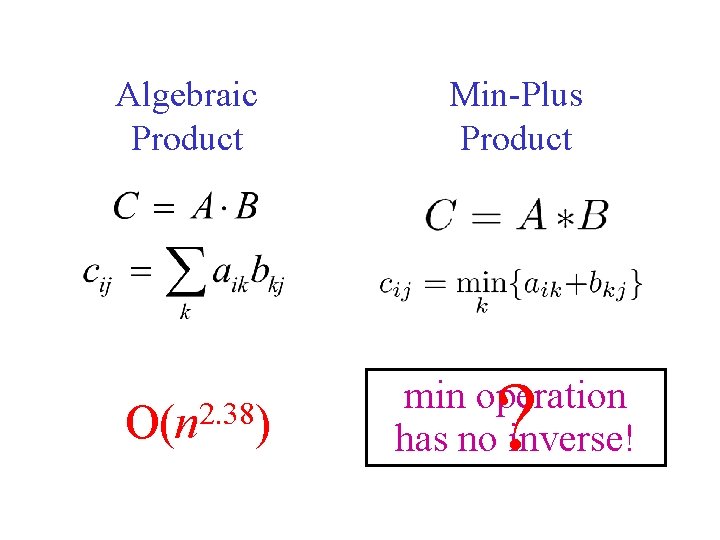 Algebraic Product 2. 38 O(n ) Min-Plus Product ? min operation has no inverse!