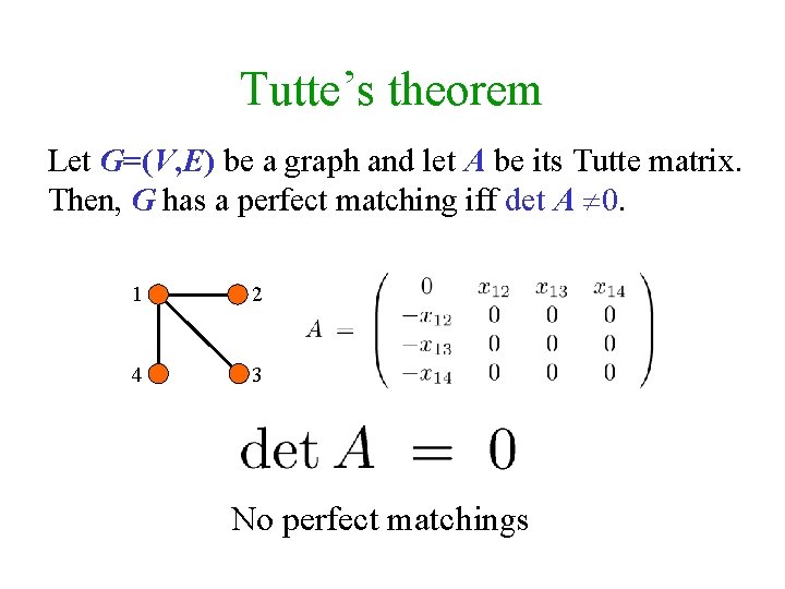 Tutte’s theorem Let G=(V, E) be a graph and let A be its Tutte