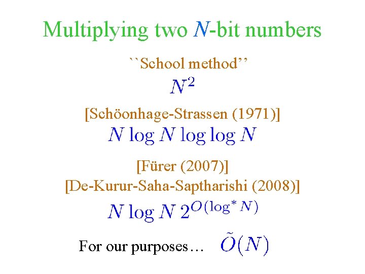 Multiplying two N-bit numbers ``School method’’ [Schöonhage-Strassen (1971)] [Fürer (2007)] [De-Kurur-Saha-Saptharishi (2008)] For our