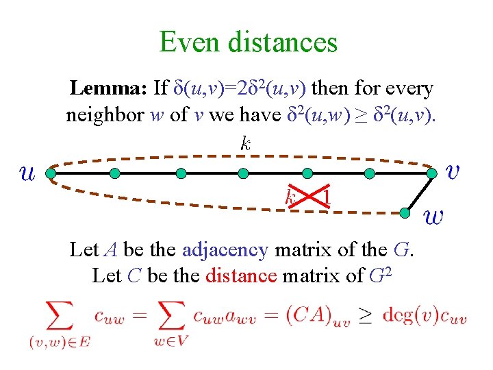Even distances Lemma: If δ(u, v)=2δ 2(u, v) then for every neighbor w of