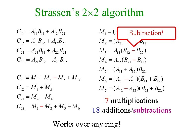 Strassen’s 2 2 algorithm Subtraction! 7 multiplications 18 additions/subtractions Works over any ring! 