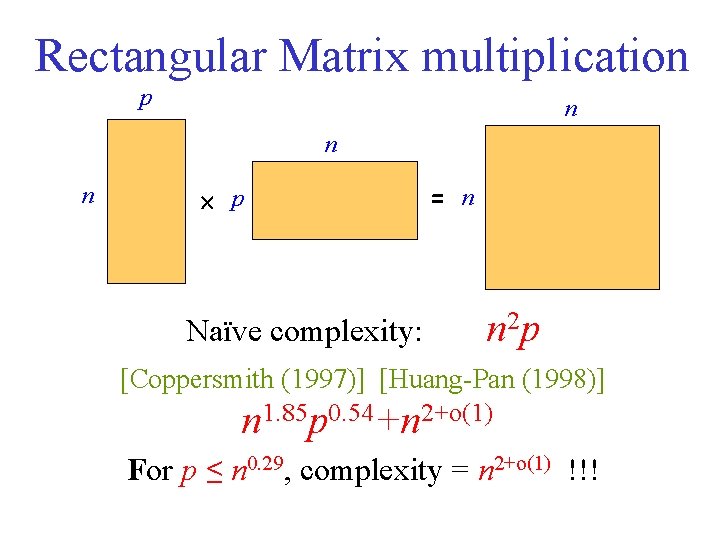 Rectangular Matrix multiplication p n n n p Naïve complexity: = n n 2