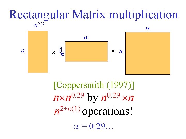 Rectangular Matrix multiplication n 0. 29 n = n [Coppersmith (1997)] n n 0.