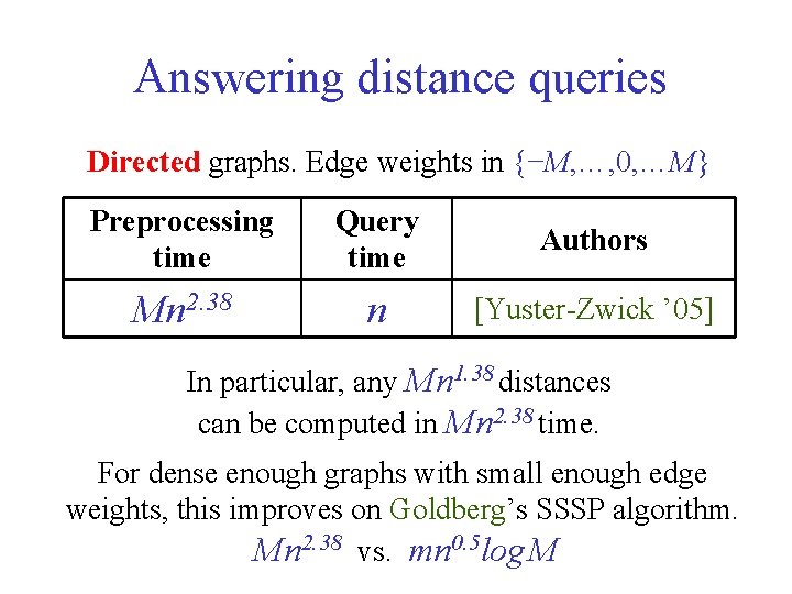 Answering distance queries Directed graphs. Edge weights in {−M, …, 0, …M} Preprocessing time