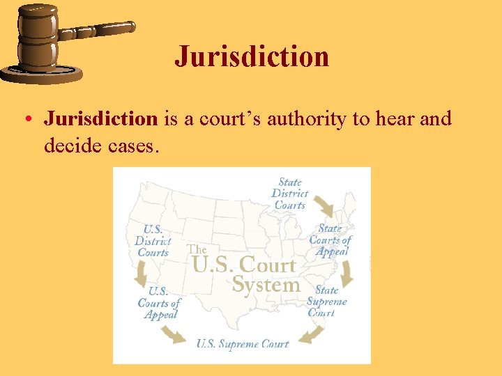 Jurisdiction • Jurisdiction is a court’s authority to hear and decide cases. 