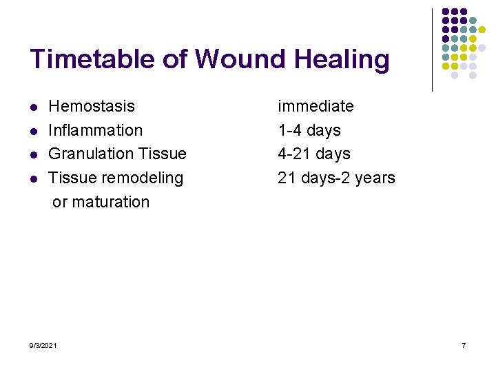 Timetable of Wound Healing l l Hemostasis Inflammation Granulation Tissue remodeling or maturation 9/3/2021