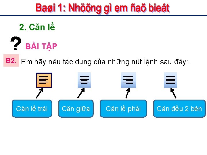 2. Căn lề BÀI TẬP B 2. Em hãy nêu tác dụng của những