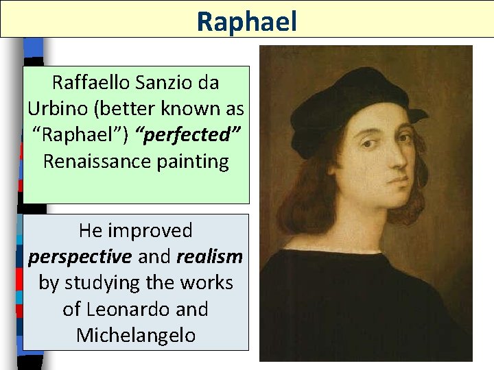 Raphael Raffaello Sanzio da Urbino (better known as “Raphael”) “perfected” Renaissance painting He improved