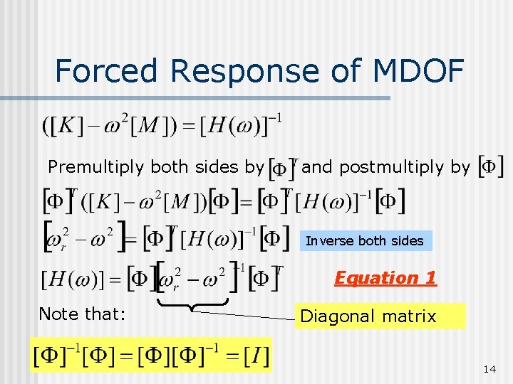 Forced Response of MDOF Premultiply both sides by and postmultiply by Inverse both sides