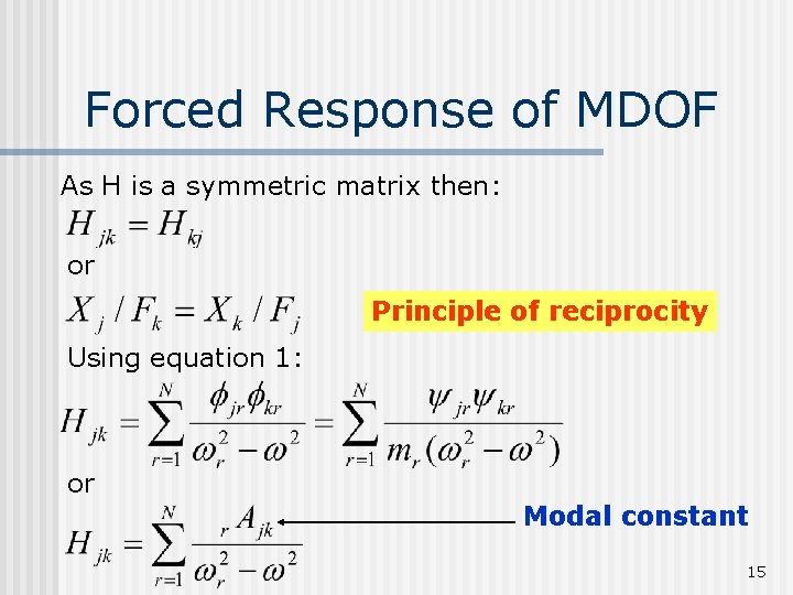 Forced Response of MDOF As H is a symmetric matrix then: or Principle of