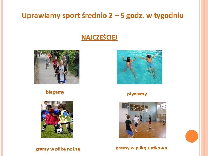 Uprawiamy sport średnio 2 – 5 godz. w tygodniu NAJCZĘŚCIEJ biegamy gramy w piłkę