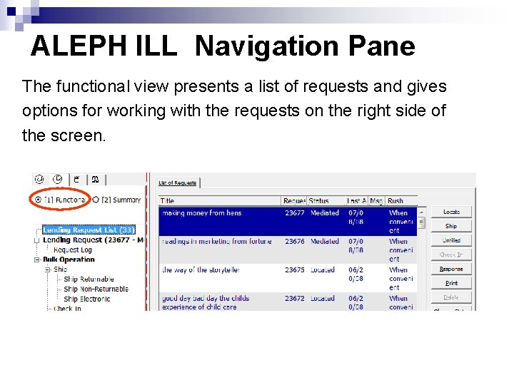 ALEPH ILL Navigation Pane The functional view presents a list of requests and gives