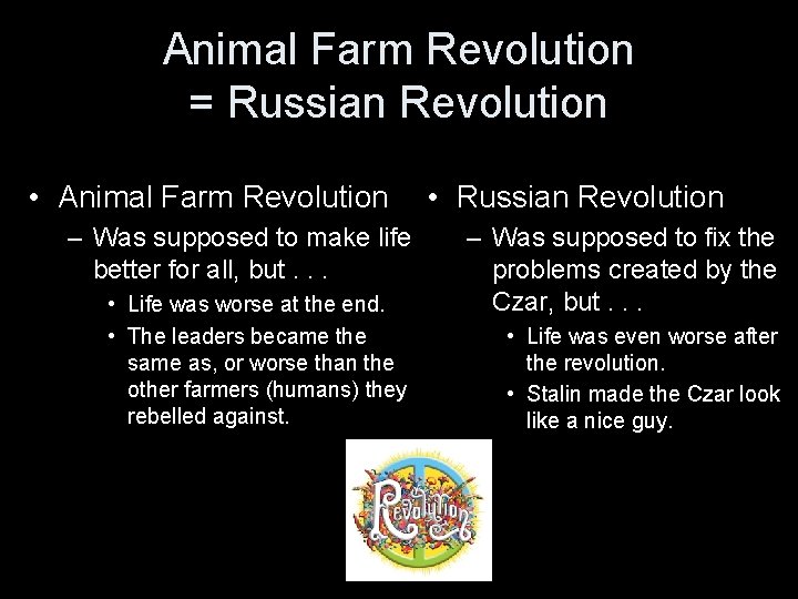 Animal Farm Revolution = Russian Revolution • Animal Farm Revolution – Was supposed to