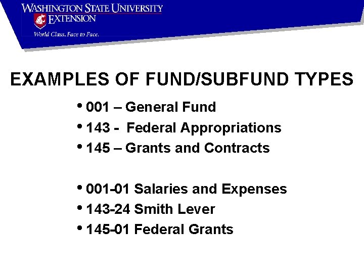 EXAMPLES OF FUND/SUBFUND TYPES • 001 – General Fund • 143 - Federal Appropriations