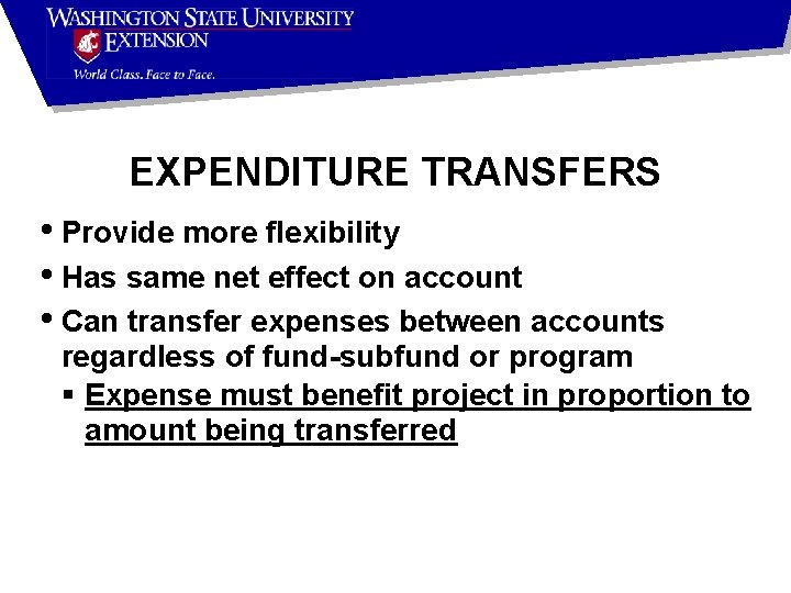EXPENDITURE TRANSFERS • Provide more flexibility • Has same net effect on account •