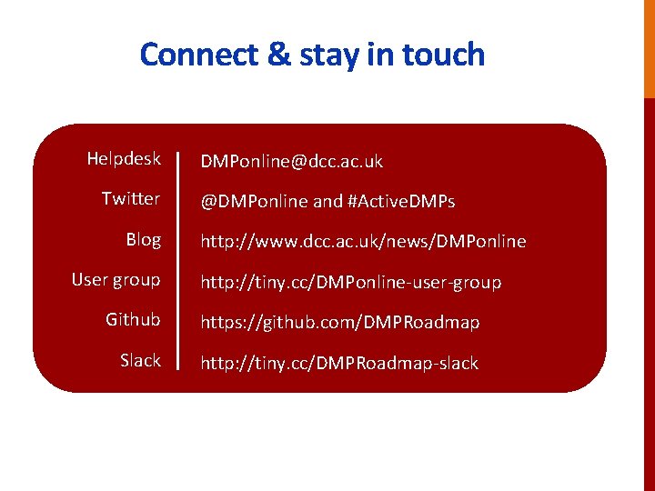 Connect & stay in touch Helpdesk Twitter Blog User group DMPonline@dcc. ac. uk @DMPonline