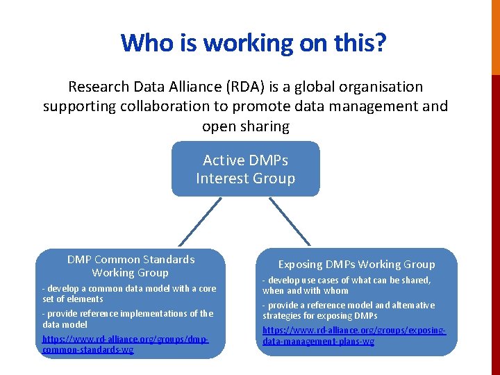 Who is working on this? Research Data Alliance (RDA) is a global organisation supporting