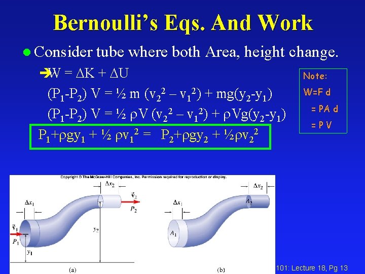 Bernoulli’s Eqs. And Work l Consider tube where both Area, height change. èW =