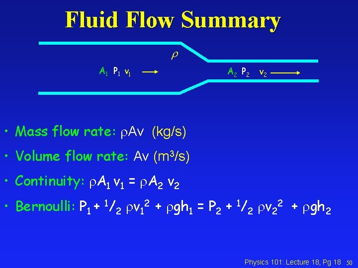 Fluid Flow Summary r A 1 P 1 v 1 A 2 P 2