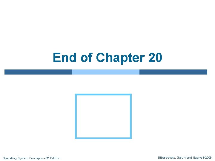 End of Chapter 20 Operating System Concepts – 8 th Edition Silberschatz, Galvin and