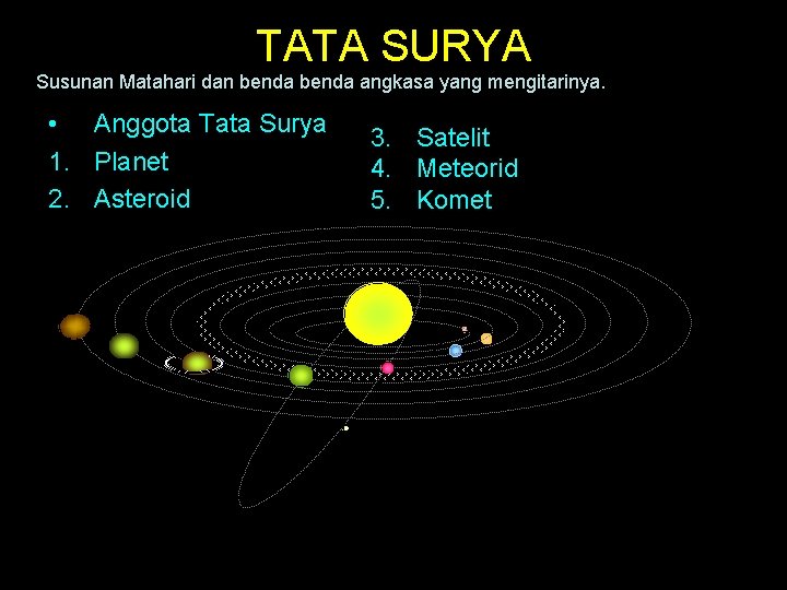 TATA SURYA Susunan Matahari dan benda angkasa yang mengitarinya. • Anggota Tata Surya 1.