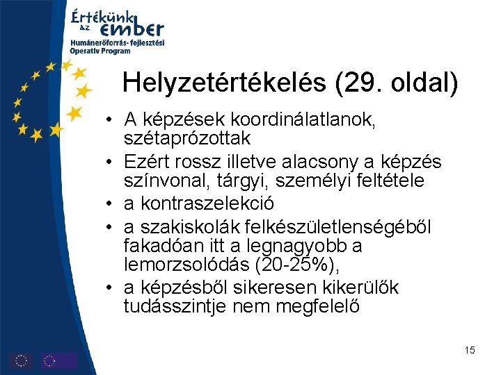 Helyzetértékelés (29. oldal) • A képzések koordinálatlanok, szétaprózottak • Ezért rossz illetve alacsony a