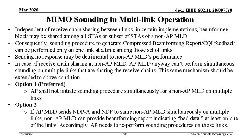 Mar 2020 doc. : IEEE 802. 11 -20/0977 r 0 MIMO Sounding in Multi-link
