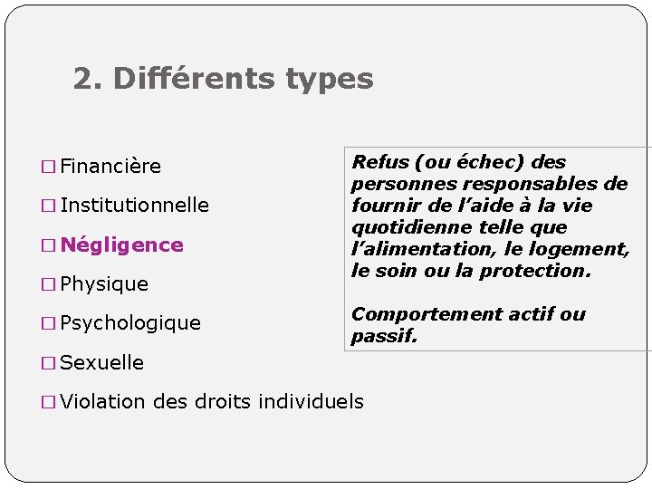 2. Différents types � Financière � Institutionnelle � Négligence � Physique � Psychologique Refus