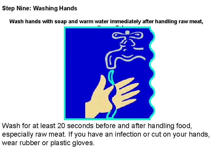 Step Nine: Washing Hands Wash hands with soap and warm water immediately after handling