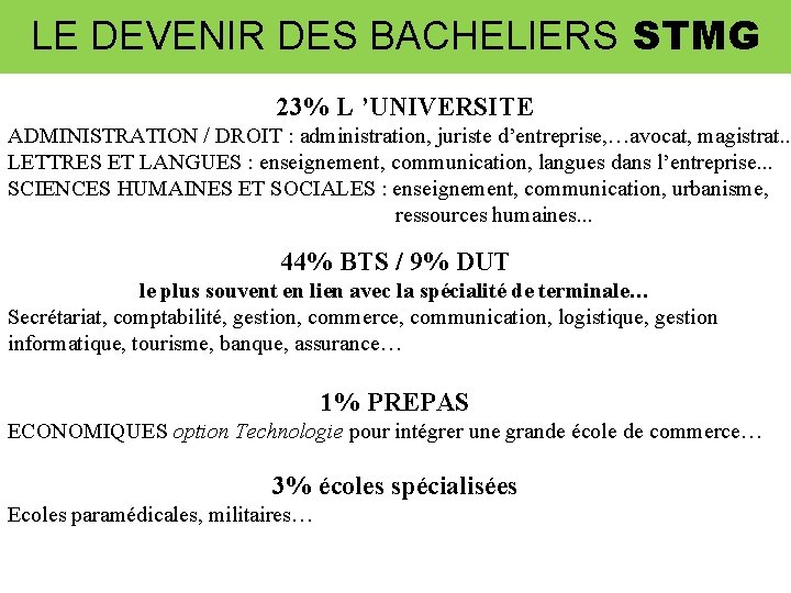 LE DEVENIR DES BACHELIERS STMG 23% L ’UNIVERSITE ADMINISTRATION / DROIT : administration, juriste