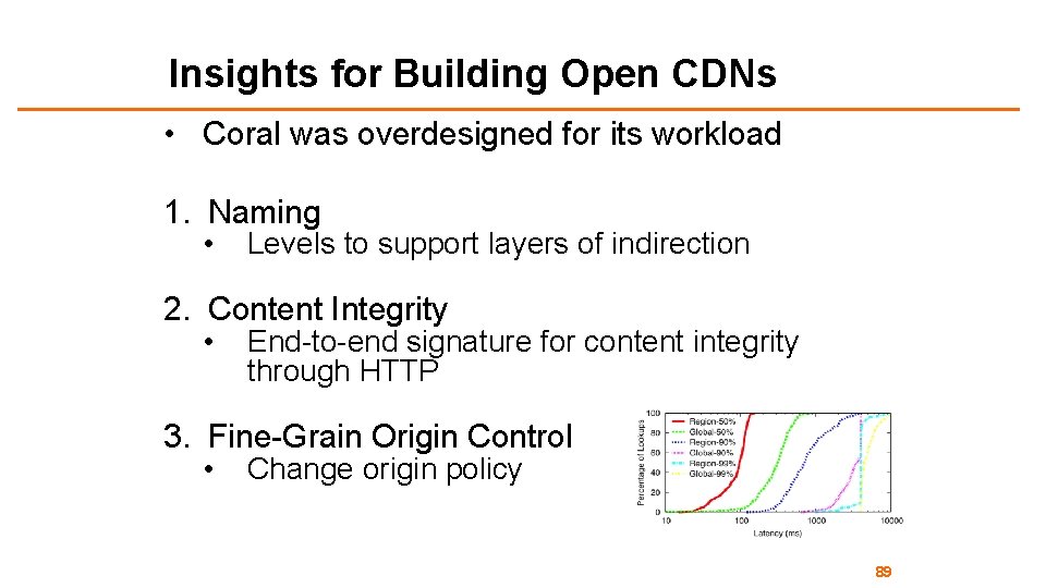 Insights for Building Open CDNs • Coral was overdesigned for its workload 1. Naming